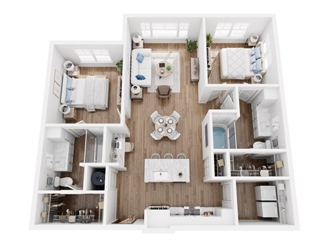 A top-down view of a well-organized apartment with a kitchen, living room, and bedrooms.